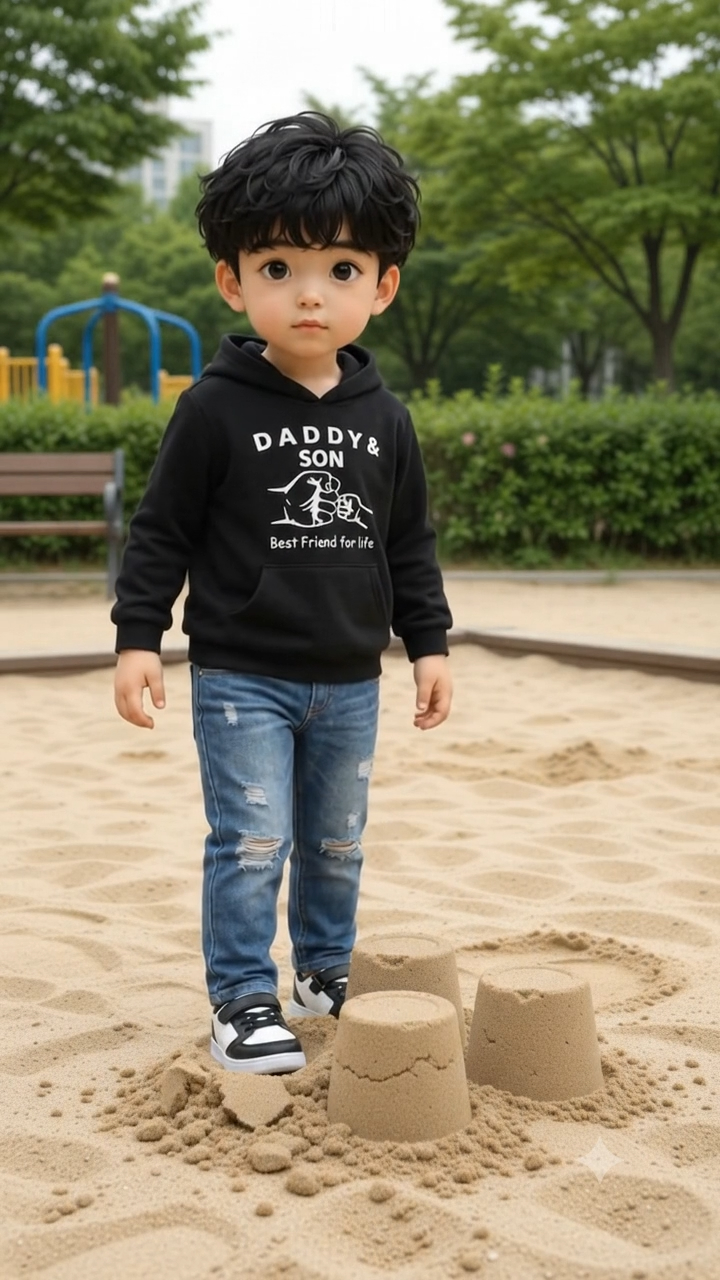 Kids Sand Play — Child Smashing Sand Castle and Looking at Mom