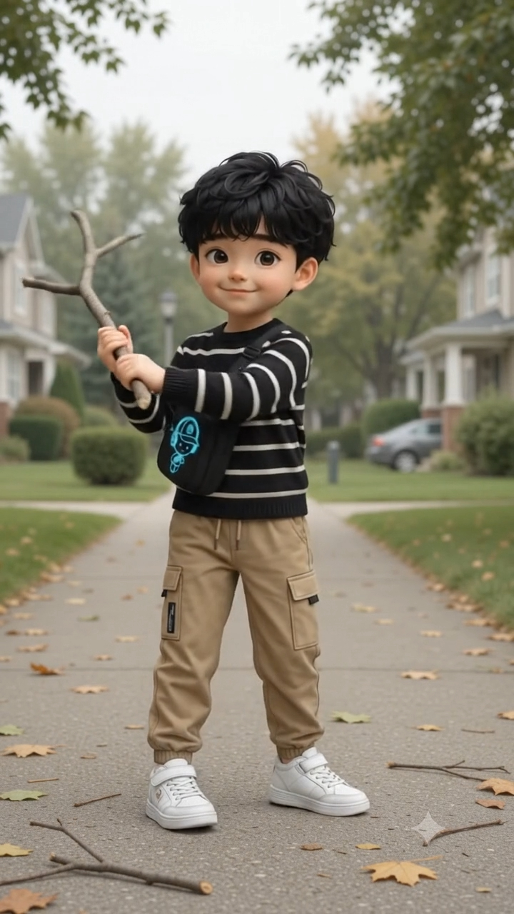 Kid Picking Up a Fallen Branch and Swinging It Around