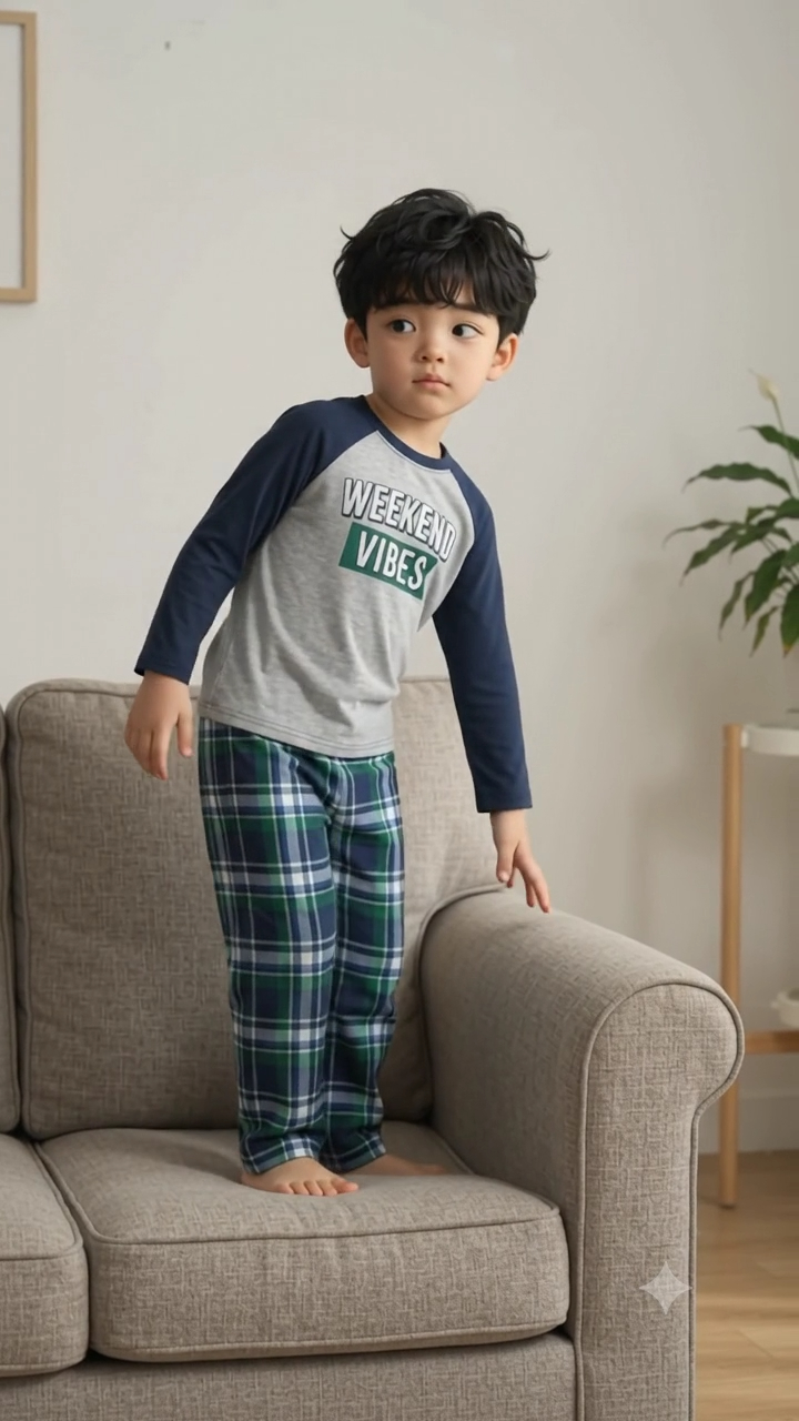 Child Checks the Parent Before Standing on the Sofa Armrest